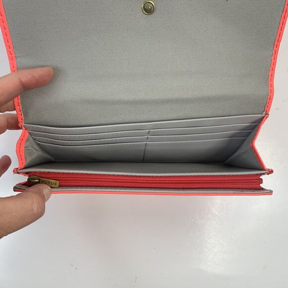 Fossil Wallet Hot Pink Pebbled Leather Checkbook Pockets Card Slots Pocketbook - Picture 8 of 11